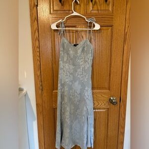 Loveliest Looks Dusty Blue Floral Jacquard Tie-Strap Midi Dress